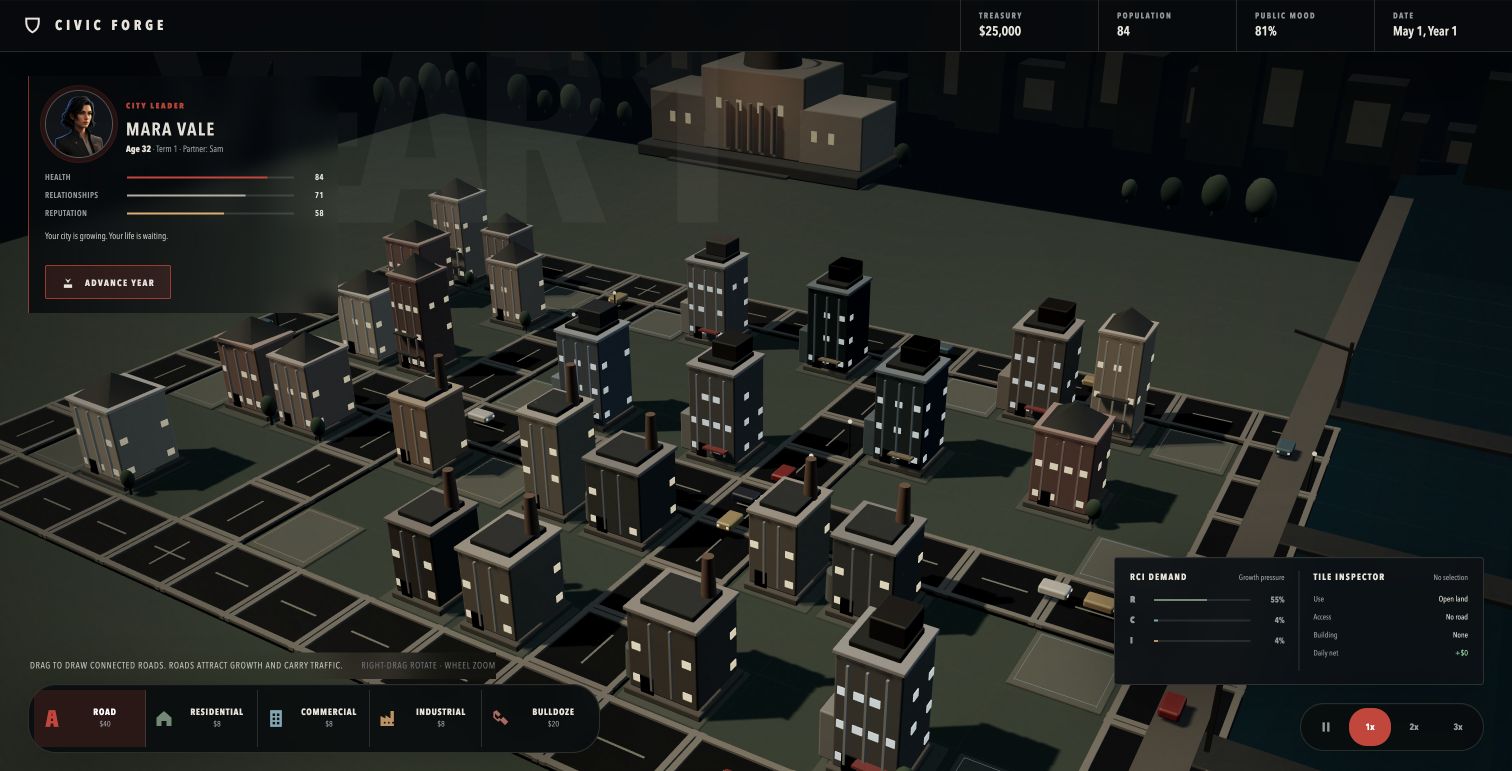 Civic Forges in play: a dark isometric city of lit blocks on a grid of roads, with treasury, population, public mood and date across the top bar, the city leader Mara Vale and her health, relationships and reputation at the left, and the build tools along the bottom.