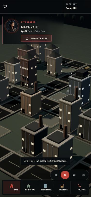 Civic Forges on a phone-sized screen: the city fills the display, the leader panel sits at the top and the build tools run along the bottom edge.